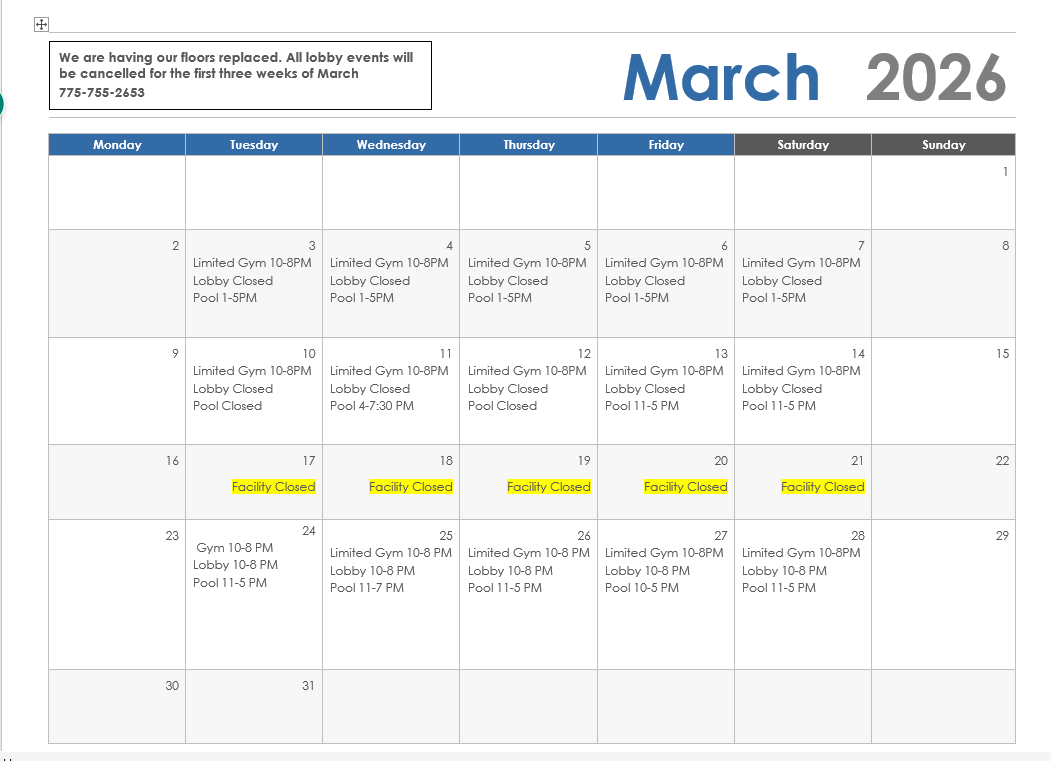 March Recreation Center Facility and Pool Hours